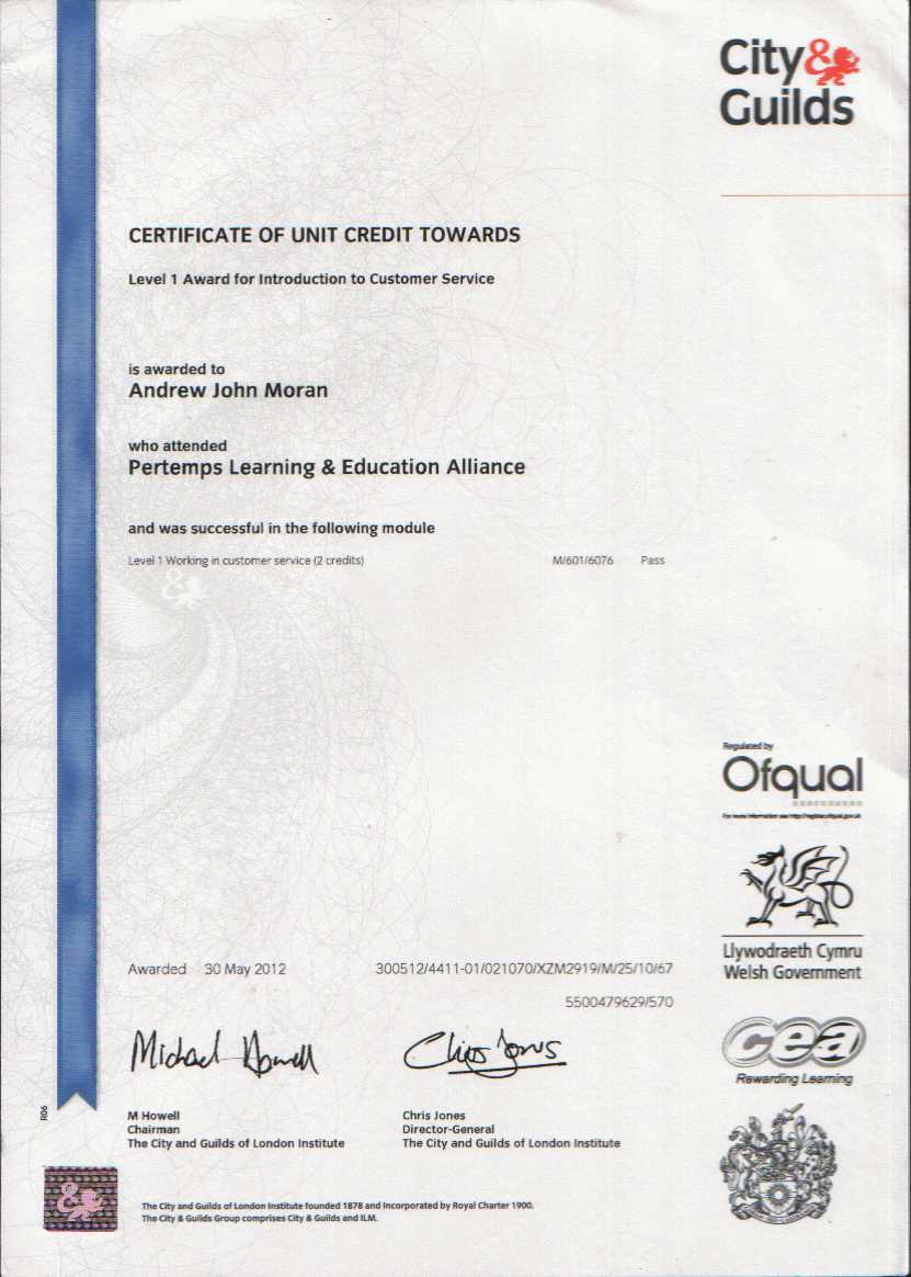 City and Guilds Customer Service Module Cert