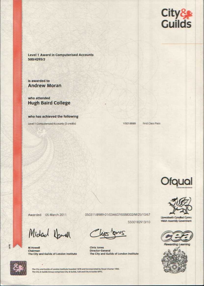 Computerised Accounts 1st Class Pass Cert