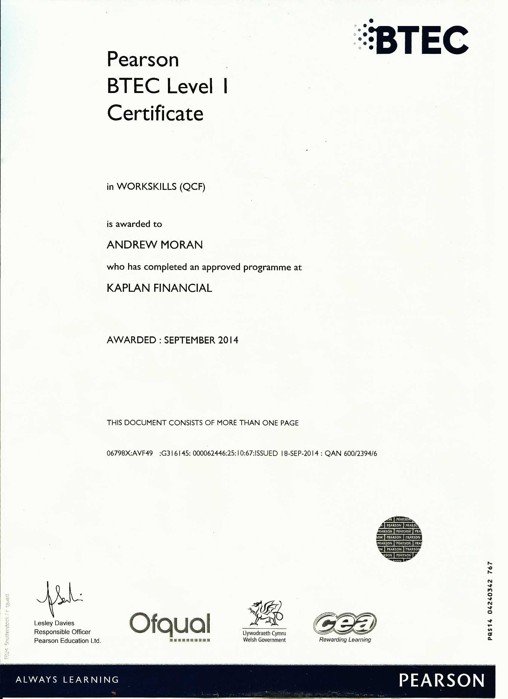 BTEC Workskills Cert 1